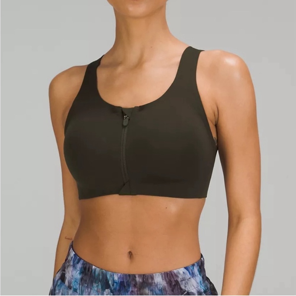 Lululemon Enlite front zip dark olive 32c